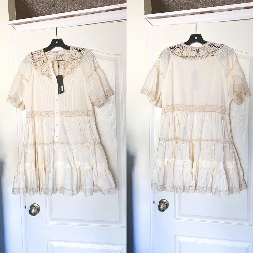 Hunter Bell Dress Newton Lace Pintucked Buttoned Tiered Mini Cream M NWT